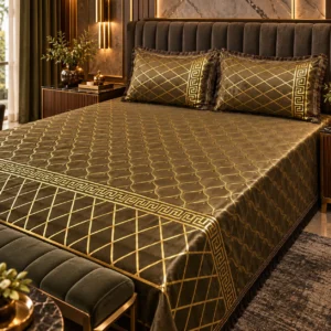 olive and gold velvet bed sheet 3 piece king size set