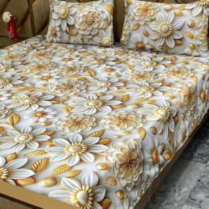 3D Digital Bedsheet Golden Ivory king size set