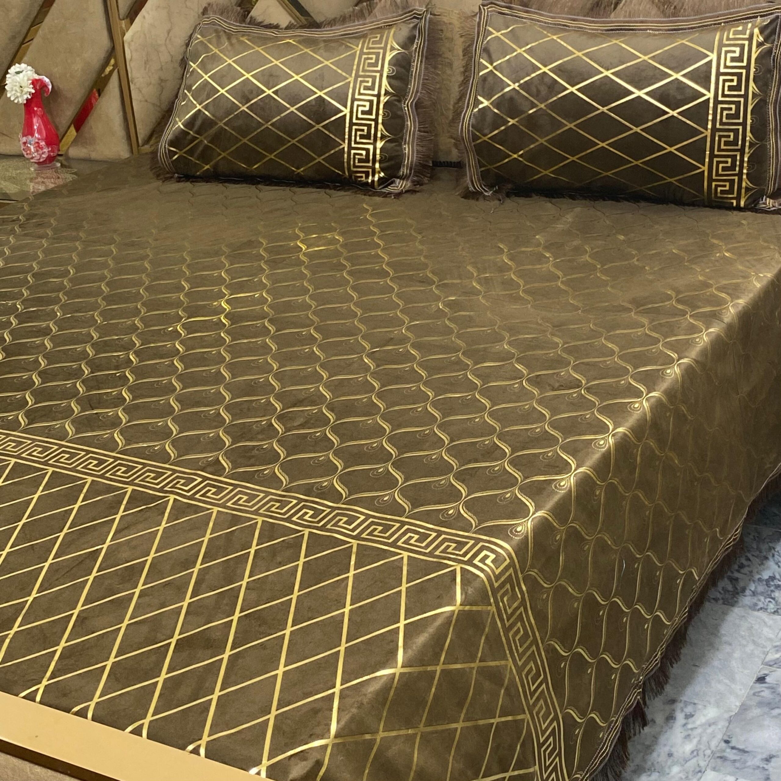 3PC Texture Velvet Bedsheet 😍 – Olive Green
