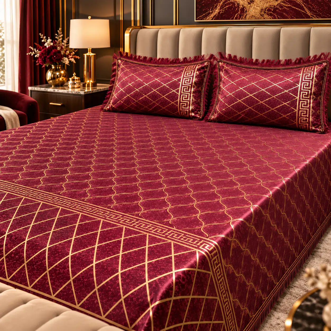 burgundy gold velvet bed sheet 3 piece king size set