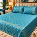 teal and gold velvet bedsheet 3 piece king size set