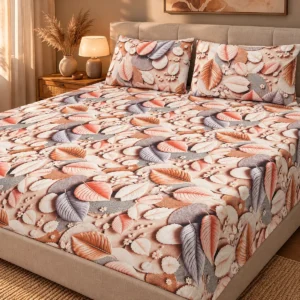 Autumn Leaves 3D Bedsheet with two pillow covers on a linen-upholstered headboard bed