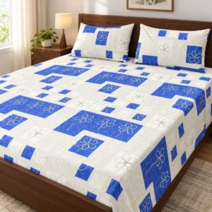 Blue Mosaic Pure Cotton Bed Sheet with two pillow covers on a dark walnut wooden bed with a panel headboard