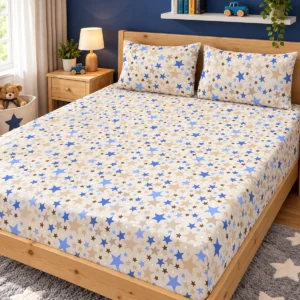 Blue Star Pure Cotton Bed Sheet with two pillow covers on a natural pine wooden bed in a cheerful kids' room