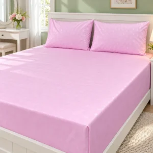 Blush Pink Pure Cotton Bed Sheet with two pillow covers on a white wooden bed beside a dressing table