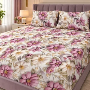 Blush Violet 3D Bedsheet with two pillow covers on a lilac velvet headboard bed