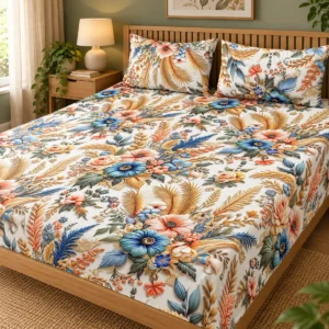 Botanical Bliss 3D Bedsheet with two pillow covers on a light oak slatted headboard bed