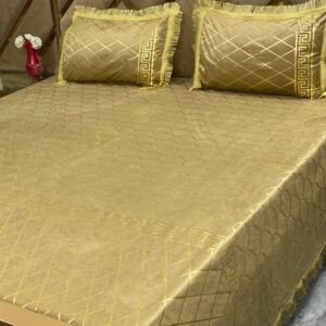 3PC Texture Velvet Bedsheet 😍 – Champagne Gold