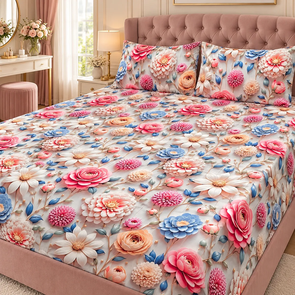Candy Bloom 3D Bedsheet with two pillow covers on a blush-pink tufted headboard bed