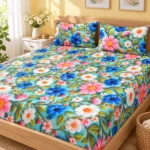 Daisy Meadow 3D Bedsheet with two pillow covers on a light wood bed in a sunny bedroom