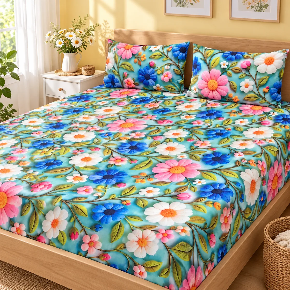 Daisy Meadow 3D Bedsheet with two pillow covers on a light wood bed in a sunny bedroom