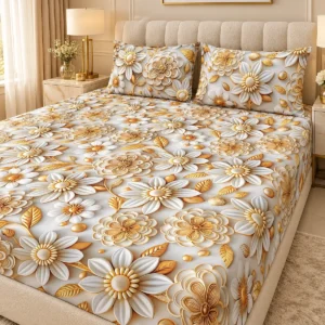 Golden Ivory 3D Bedsheet with two pillow covers on a cream bouclé headboard bed