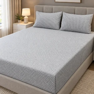Grey Geometric Pure Cotton Bed Sheet with two pillow covers on an upholstered light grey platform bed