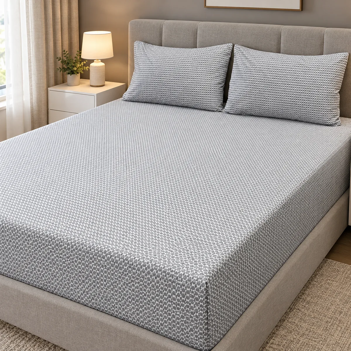 Grey Geometric Pure Cotton Bed Sheet with two pillow covers on an upholstered light grey platform bed