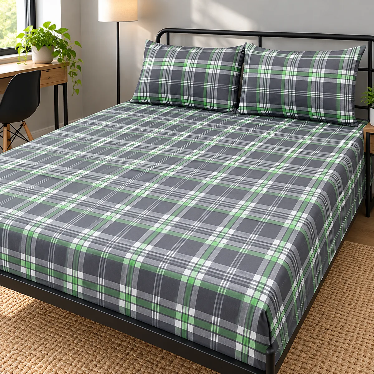 Grey Green Check Pure Cotton Bed Sheet with two pillow covers on a slim black metal frame bed