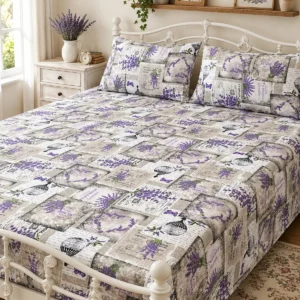 Lavender Provence Pure Cotton Bed Sheet with two pillow covers on a white wrought iron bed in a cottage-style bedroom