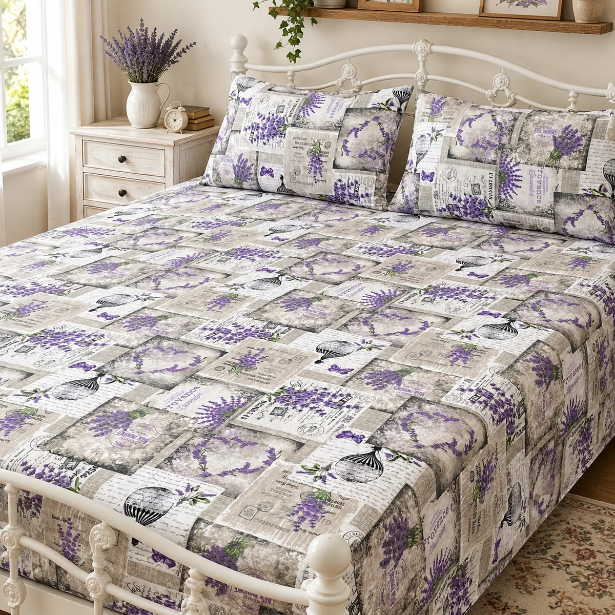Lavender Provence Pure Cotton Bed Sheet with two pillow covers on a white wrought iron bed in a cottage-style bedroom