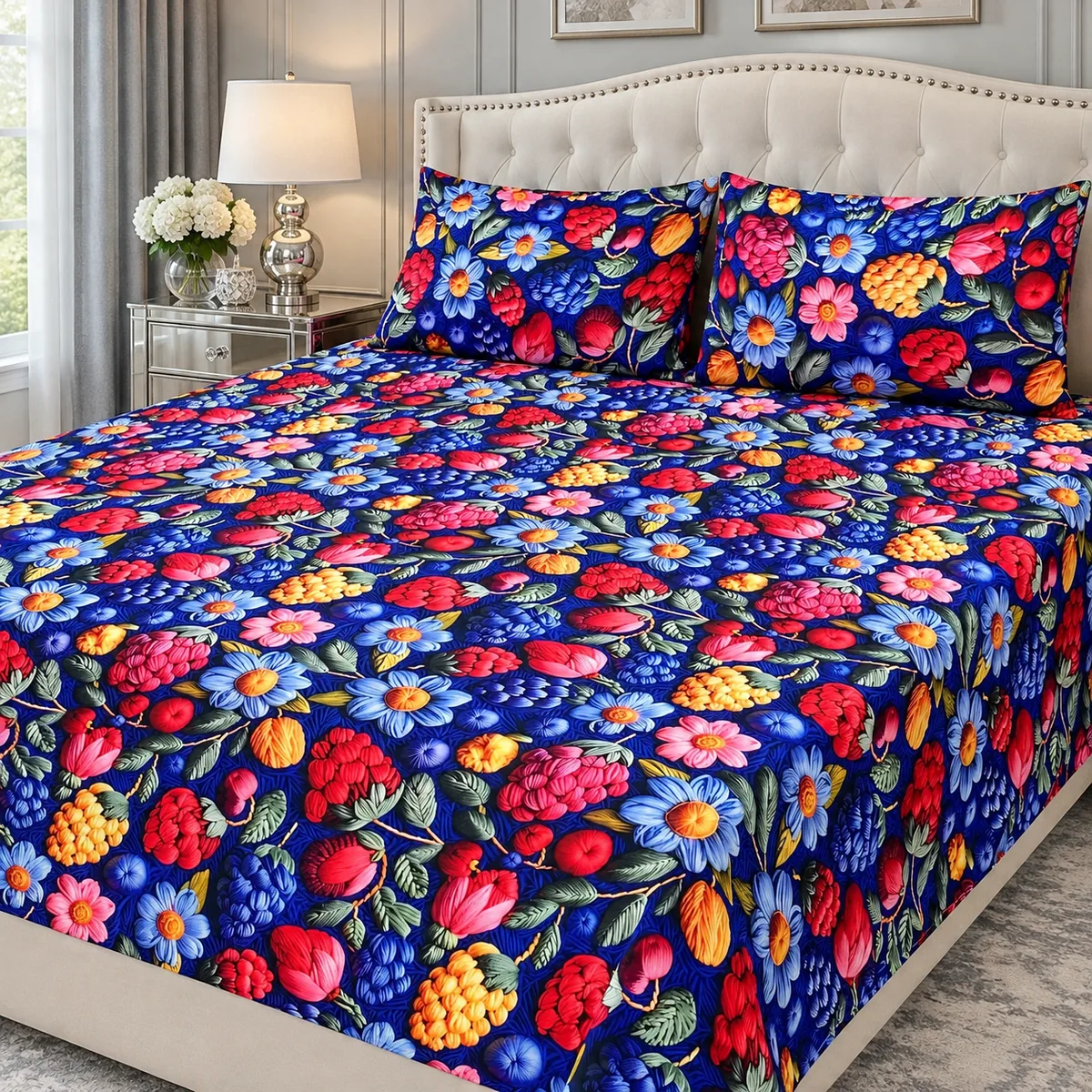Midnight Garden 3D Bedsheet with two pillow covers on a white bed with a nailhead-trim headboard