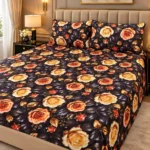 Midnight Rose 3D Bedsheet with two pillow covers on a champagne upholstered headboard bed