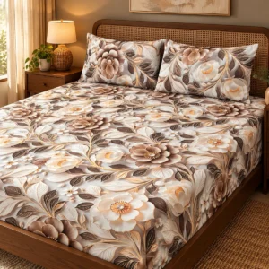 Mocha Bloom 3D Bedsheet with two pillow covers on a walnut bed with a cane-inset headboard
