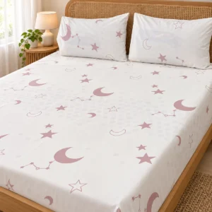 Moon and Stars Pure Cotton Bed Sheet with two pillow covers on a natural rattan cane headboard bed