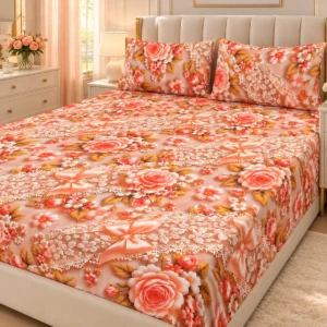 Peach Lace 3D Bedsheet with two pillow covers on an ivory padded headboard bed
