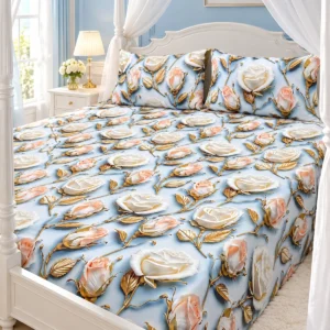 Pearl Rose Blue 3D Bedsheet with two pillow covers on a white four-poster bed with sheer drapes