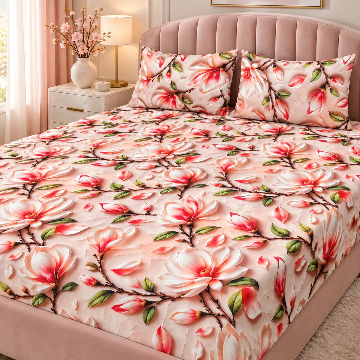 Pink Magnolia 3D Bedsheet with two pillow covers on an arched pale-pink upholstered headboard bed