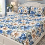 Porcelain Blue 3D Bedsheet with two pillow covers on a white panelled bed in a blue and white bedroom