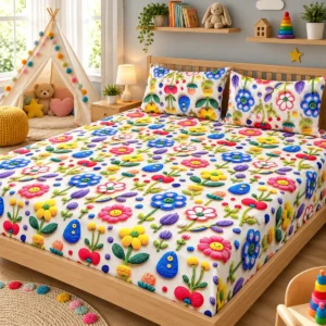 Rainbow Bloom 3D Bedsheet with two pillow covers on a natural wood low bed in a kids' room
