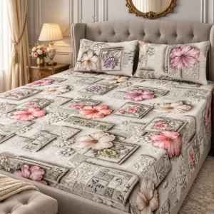 Rose Heritage 3D Bedsheet with two pillow covers on a dove-grey upholstered wing-back bed in a classic bedroom