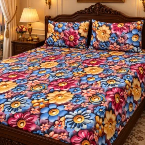 Royal Mauve 3D Bedsheet with two pillow covers on a carved dark teak headboard bed