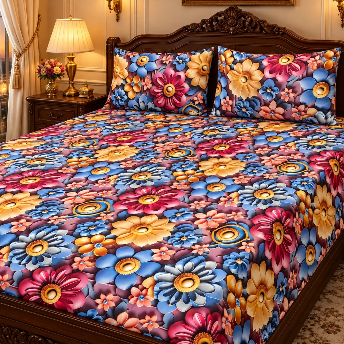 Royal Mauve 3D Bedsheet with two pillow covers on a carved dark teak headboard bed