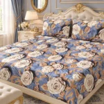 Vintage Gold Rose 3D Bedsheet with two pillow covers on an ivory French-style carved headboard bed