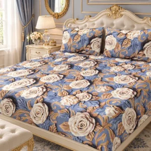 Vintage Gold Rose 3D Bedsheet with two pillow covers on an ivory French-style carved headboard bed