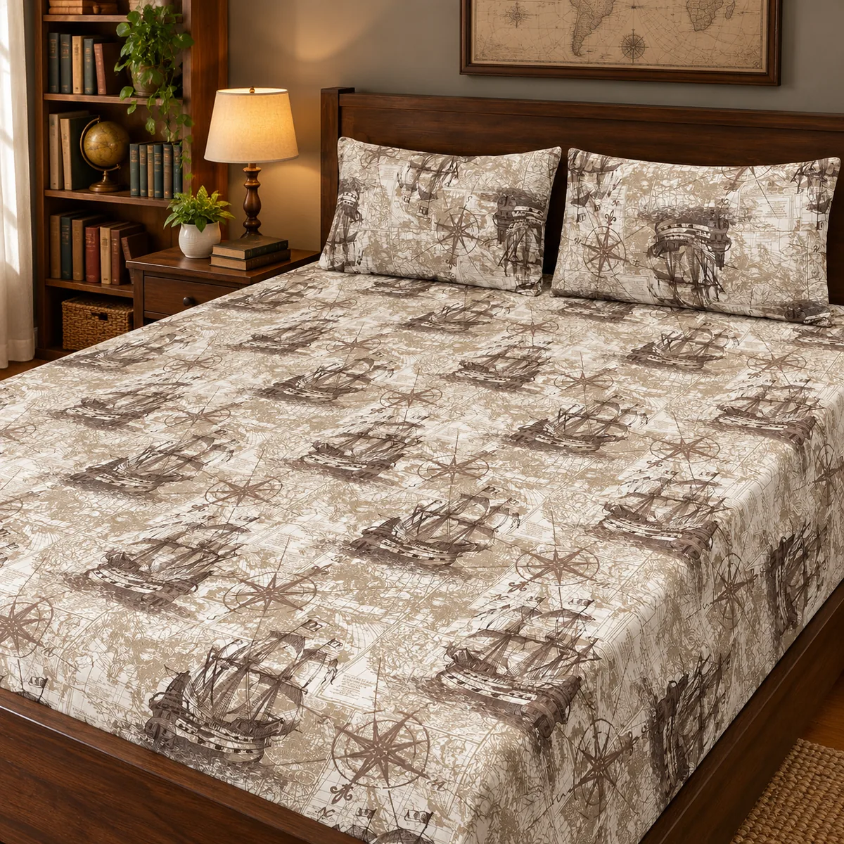 Vintage Voyage Pure Cotton Bed Sheet with two pillow covers on a dark stained wooden bed beside a bookshelf