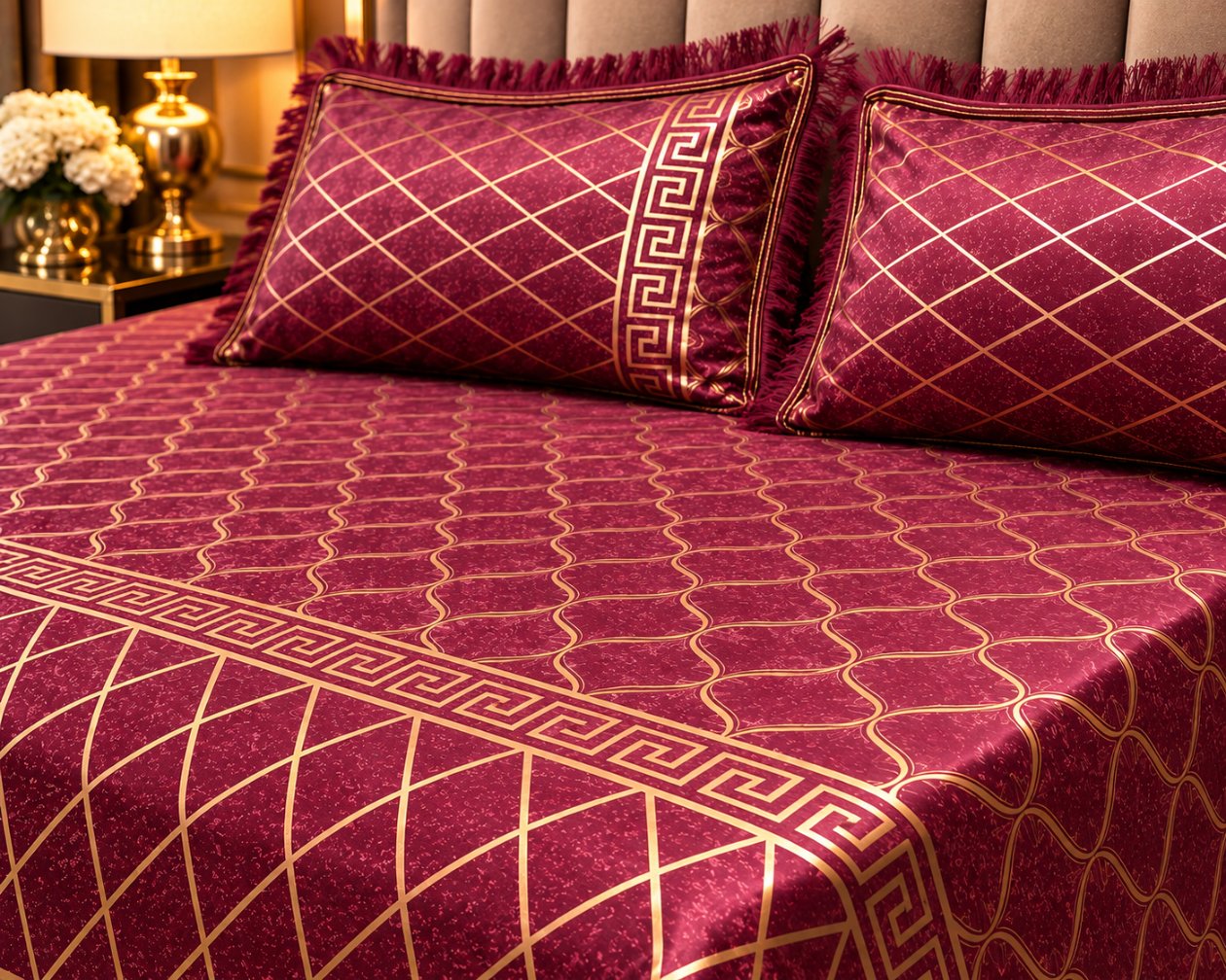 close up of the burgundy gold velvet bed sheet fabric and gold print