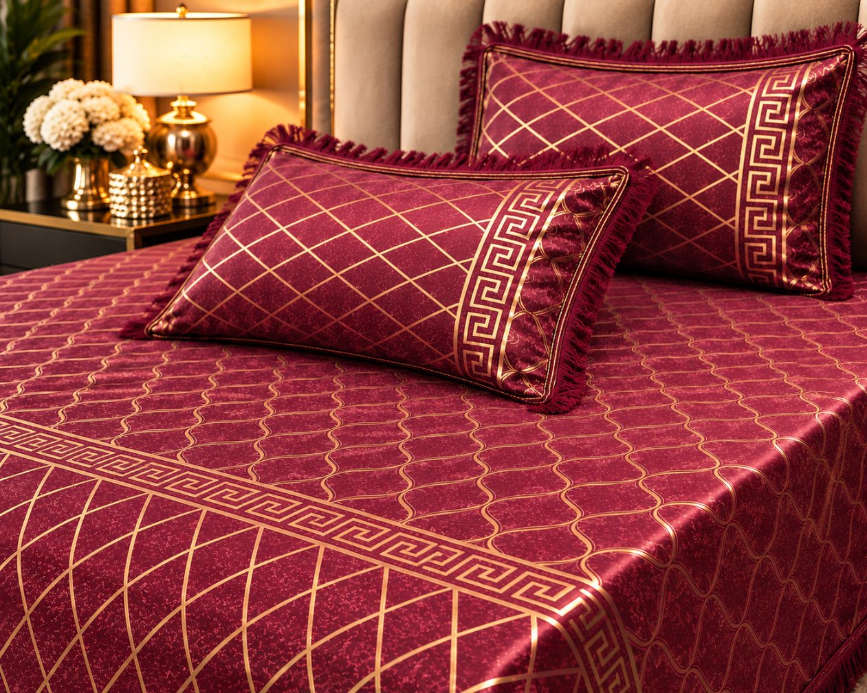 burgundy gold velvet bed sheet with laced pillow covers